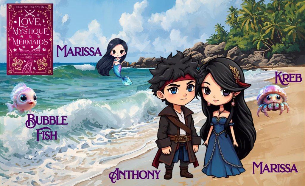 Character art for Anthony, Marissa, Kreb, and the bubble fish.