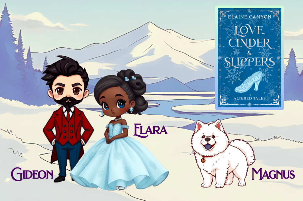 Character art of Elara, Gideon, and Elara's dog Magnus, from Love, Cinder & Slippers.